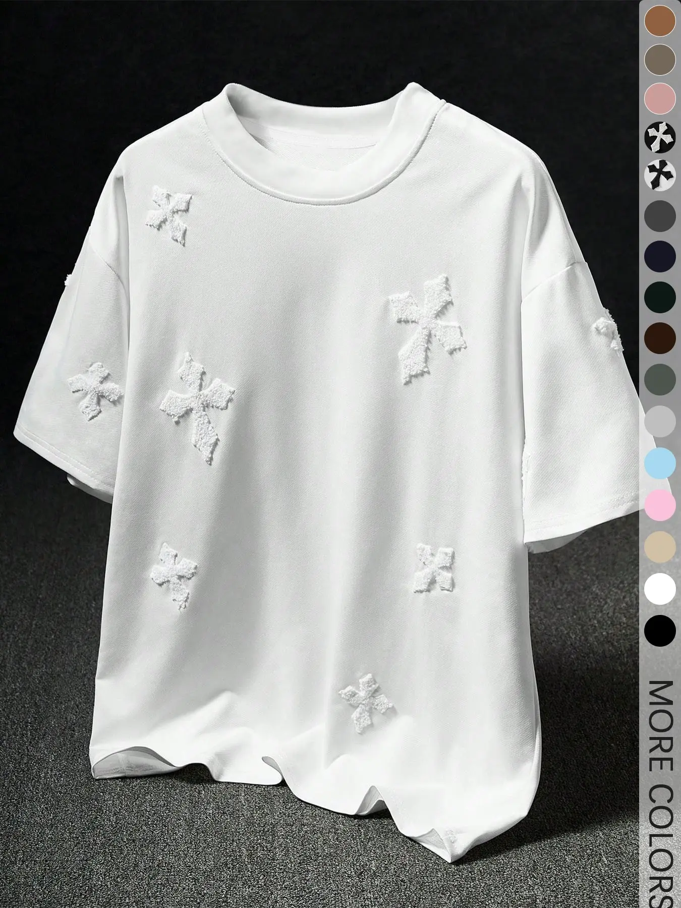 Men's Cross‑Stitch Embroidered Solid Color Crew Neck T‑Shirt, Embroidery, Casual Fitted Short Sleeve Top for All Seasons, Sporty College Streetwear Style