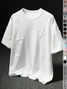 Men's Cross Stitch Embroidered Solid Color Round Neck T-Shirt, Casual Fitted Long Sleeve Top for All Seasons, Sporty College Style