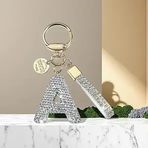 Diamond-encrusted Letter A Keychain for Ladies & Girls Shiny Cute Backpack Car Key Accessories with Gold Ring