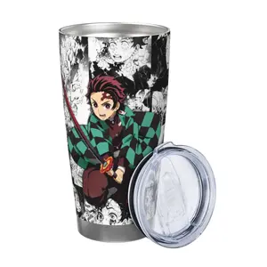 Demon Slayer Stylish Reusable Stainless Steel Flask, Full Wrap Printed Design, Minimalist Lid & Straw Included, for Camping & Hiking Coffee Lover Drinkware