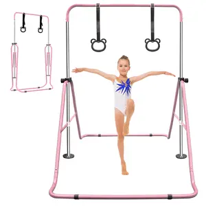 [Fahuac] Foldable Gymnastics Bar for Kids - Adjustable Height 35-51in, Junior Training Bar with Triangular Sturdy Frame, 110LBS Capacity, Includes Gymnastics Rings, Home Gym Equipment for Balance Flexibility Training.
