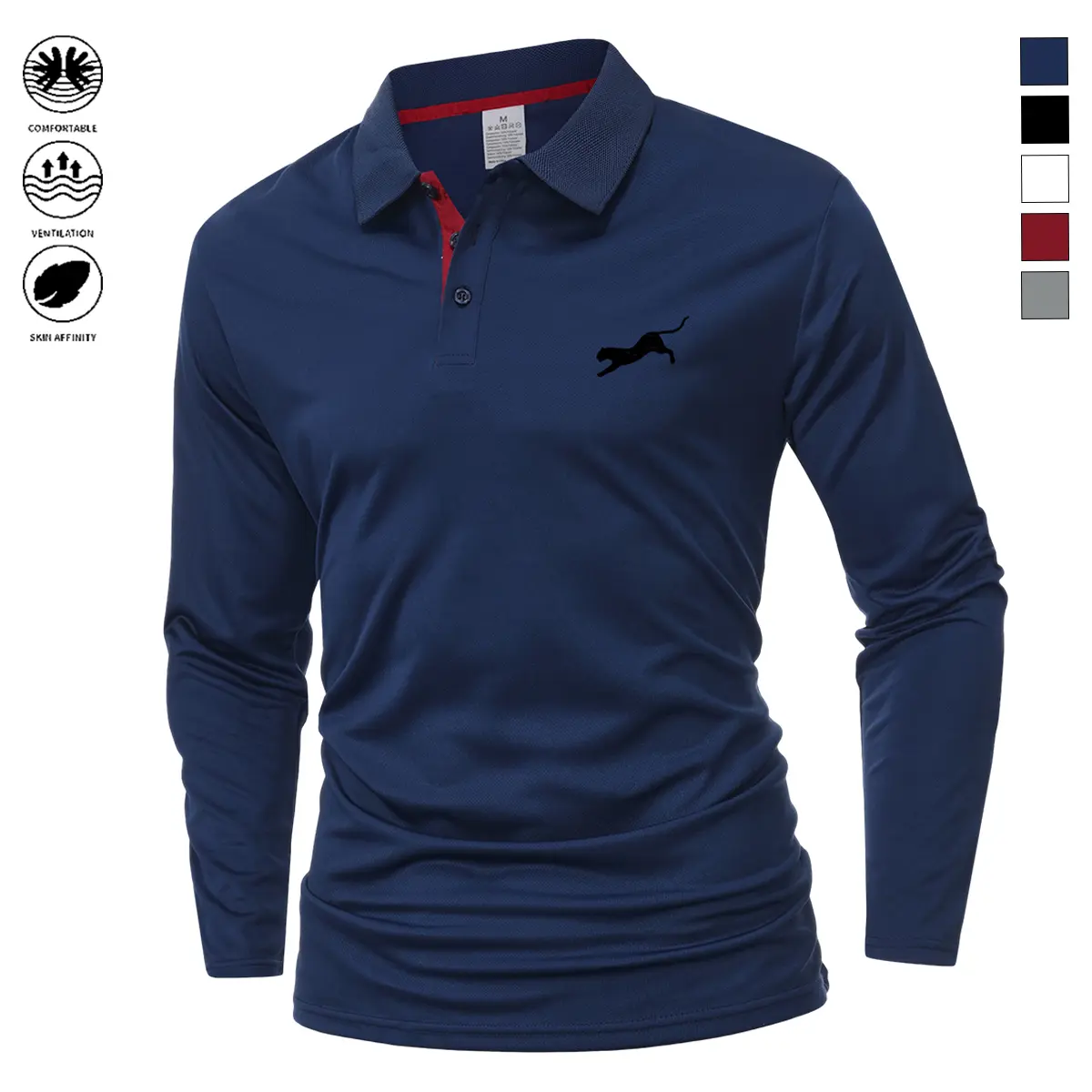 New men’s long-sleeve mock two-piece polo shirt for spring and autumn, featuring a stylish chest patch with an African wild dog print. A casual, fashionable polo shirt with a turn-down collar for everyday outings, close-fitting and comfortable, resists pi
