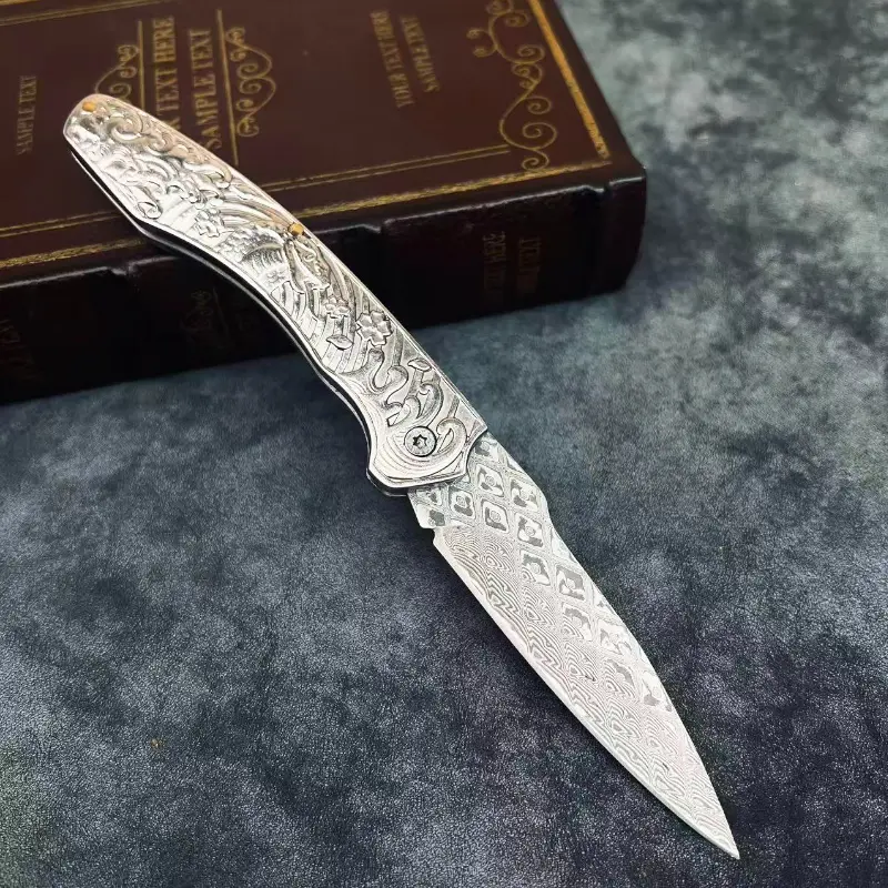 Damascus Steel Folding Pocket Knife - Portable Camp Kitchen Cutlery, Fruit Peeling Tool, Ideal Gift for Outdoor Camping Hiking Enthusiasts