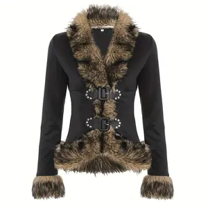Women's Y2K Retro Faux Fur Collar Jacket - Long Sleeve Fall/Winter Coat with Button Front, Slim Waist Design & Solid Color, Soft Warm Fabric for Casual Daily Wear, Street Style & Cold Weather Outings
