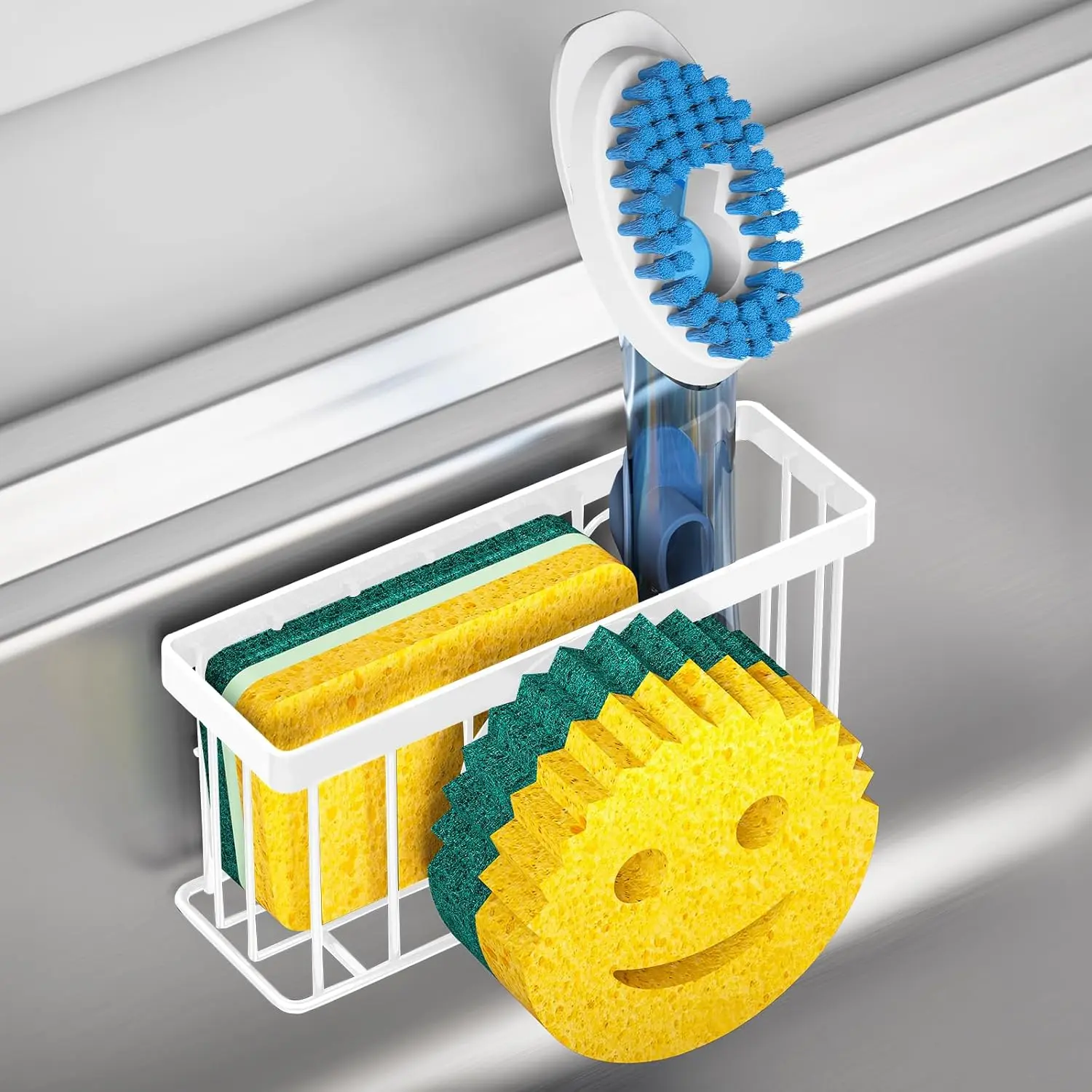 White Smiley Face Single Layer Stainless Steel Kitchen Sponge Holder - Rust Resistant Home Organizer Sink Caddy, Wallmount Ready, Bathroom Wall Storage, 2 Suction Cups, 1 Adhesive Strip, Draining Board for Sponge, Soap (Soap Stays Put), Dish Brush