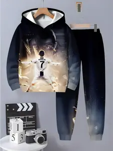 Boys' Fashion Cristiano Ronaldo 3D Printed Casual Pullover Sweatshirt Set, Long Sleeve Spring & Fall for Kids Aged 5+, Perfect Gift