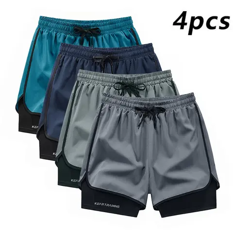 Male Men's 4-Piece Breathable Activewear Set - Mens Clothing, Faux 2-Piece Design, Quick-Dry Fabric, Drawstring Elastic Waistband, Letter Print, Standard Sizes, Adjusts for a Perfect Fit, Activewear Fitness for Gym, Running Stuff