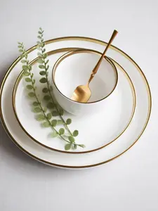 White Ceramic Dinnerware Set with Gold Rim – 4 Piece Modern Luxury Plates and Bowls | Elegant Handmade Tableware