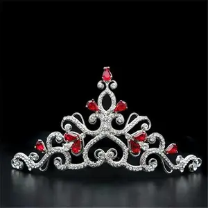 212 MAIN Men's Special Occasion Costume Accessory - Crown Shape Tiara & Hair Clip, Rhodium-Plated Brass Base, Top-Grade Crystals, Ruby Accents