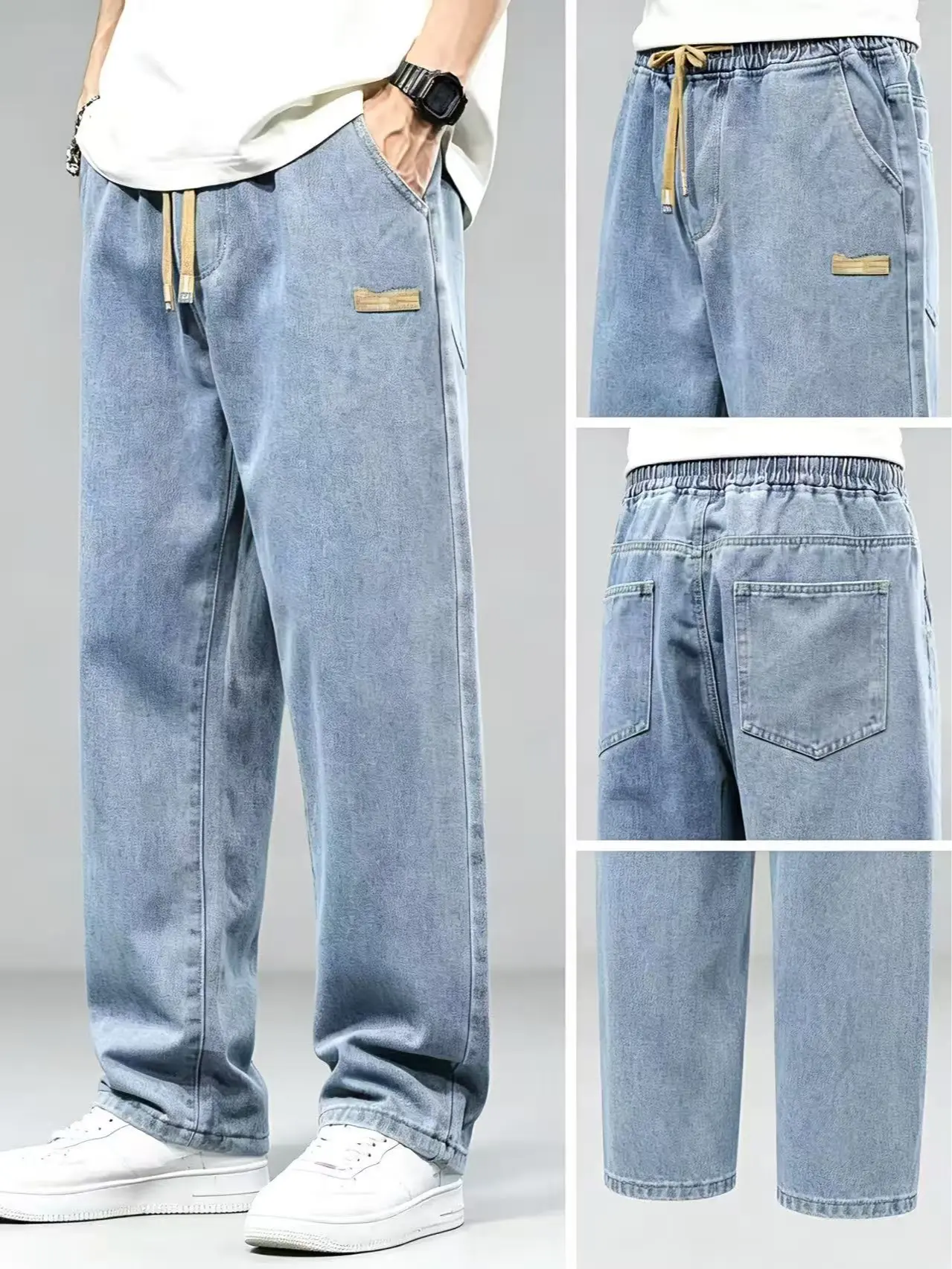 Summer lightweight men’s classic minimalist jeans with an elastic waistband and stretch fabric; retro wash, straight wide-leg cut. Casual and comfortable, versatile for various outfits. Denim long pants with a drawstring design for easy wear and removal.