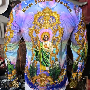 San Judas Cadeo Men's Shiny Barabas San Judita Tedeo Shirt with Gold Accents and Vibrant Design