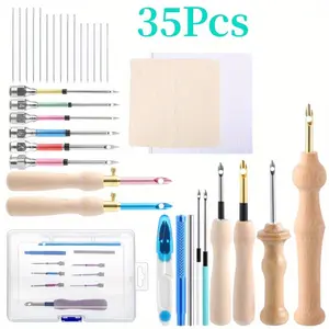 35 Pcs Punch Needle Kit,Adjustable Punch Needle Embroidery Kits Include Wooden Handle Embroidery Pen Set,Big Eye Needles,Punch Needle Cloth,DIY Hand Tools Kits