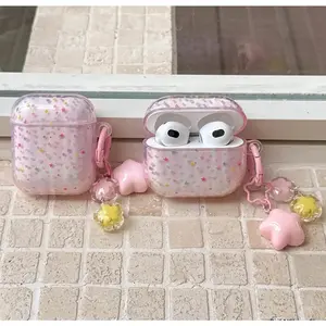 Pink Star AirPods Case – Transparent Cute Keychain Protective Cover, Soft Silicone Shockproof Anti-Drop, Wireless Charging Compatible for AirPods 1/2/3/4/Pro/Pro 2