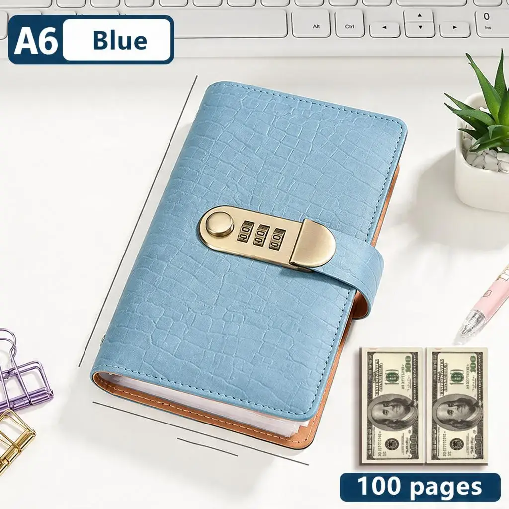 A6 PU Leather Loose-Leaf Budget Folder Notebook with 3-Digit Resettable Combination Lock, Ample Cash/Important Items Storage, Secure Protection, Durable Build for Household Financial Planning