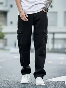 Live unbridled Streetwear Menswear Simply Style Side Flip-pocket Overalls Denim Pants Solid Color Loose Jeans  Casual  Trousers   Black Cotton Blend  Fabric  pants skinny jeans