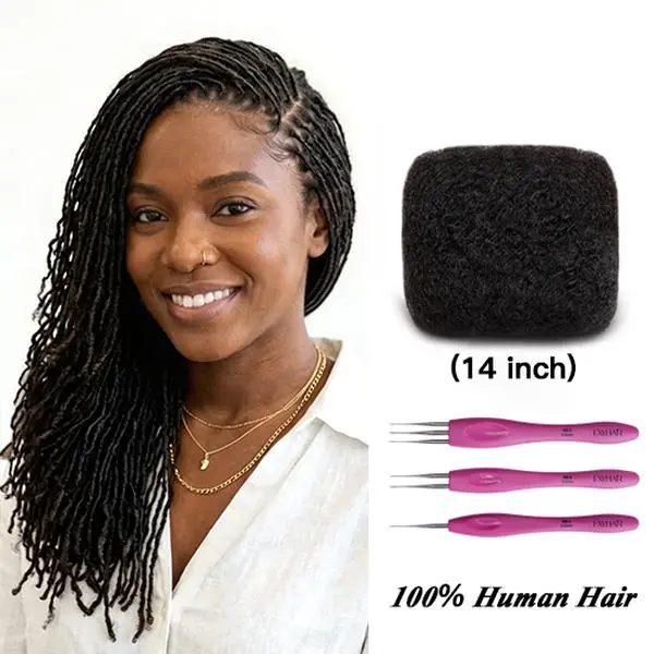 Exyhair 14 inch Afro Kinky Bulk Human Braiding Hair Pieces for Dreadlocks Twisting, Afro Twist, with Crochet Hook, Real Hair Extensions, Bulk Pieces