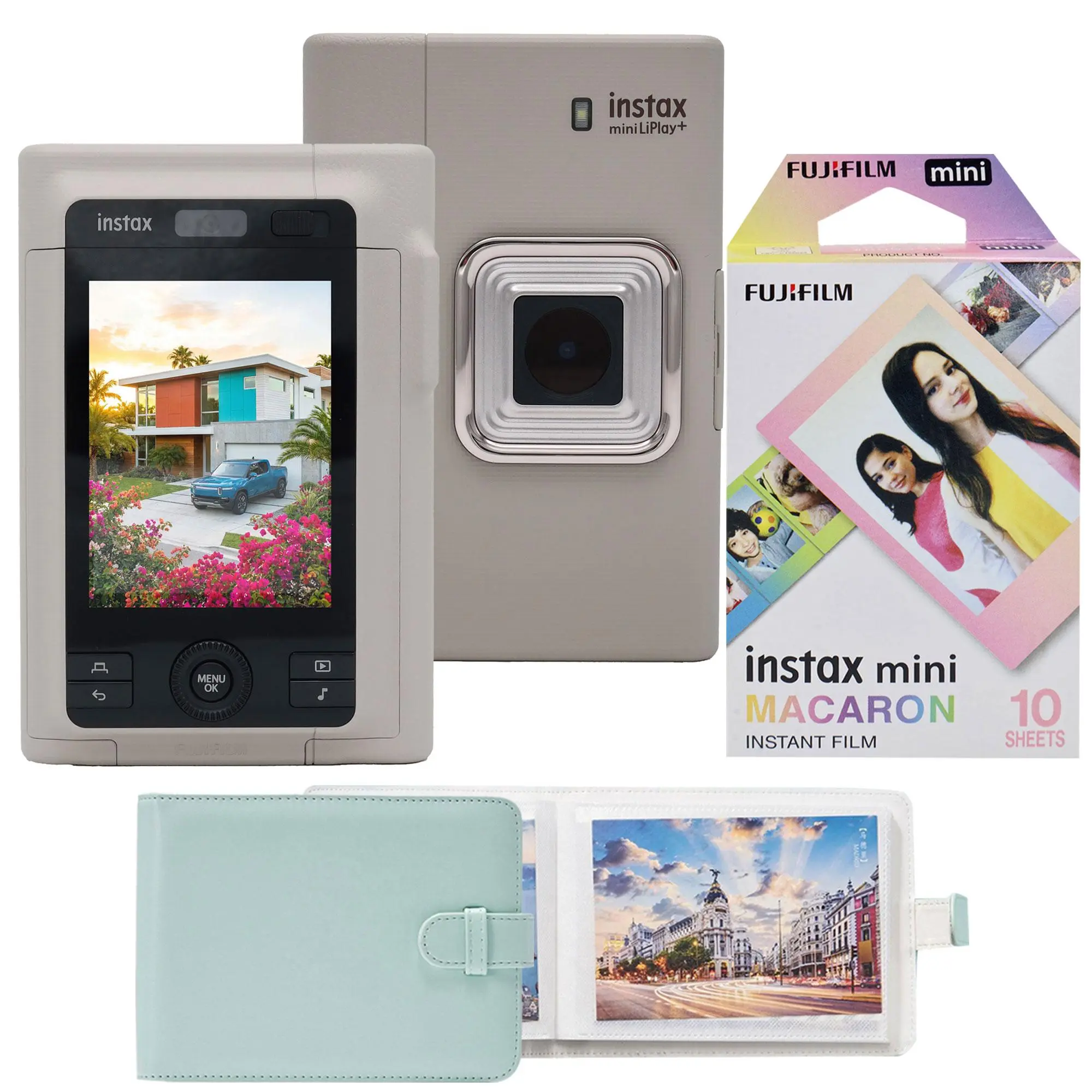 FUJIFILM instax mini LiPlay+ Digital Rechargeable Hybrid Instant Camera - Sand Beige, Selfie-Compatible, Bluetooth-Enabled, with FUJIFILM Instax Mini Macaron Instant Film (10 Exposures) & Photo Album