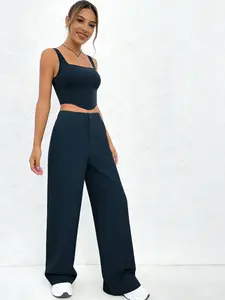 Two-piece set for women in dark blue with a tailored square neckline and a three-dimensional stitch design, a Fitted Sleeveless camisole top with high-wa wide-leg pants, suitable for summer, suitable for office commuting, daily Casual outing, etc.
