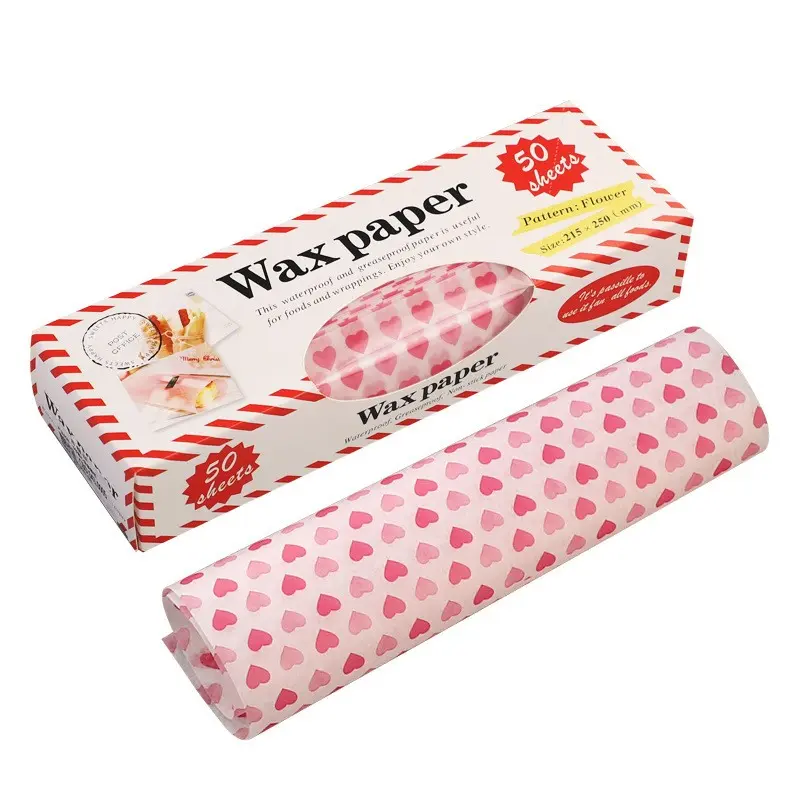 50 Pcs Wax Paper, Food Picnic Paper, Baking Supplies, Baking Accessories, Baking Essentials, Greaseproof Waterproof for Burgers Sandwiches Bakery Picnics(Heart-Shaped Pattern)
