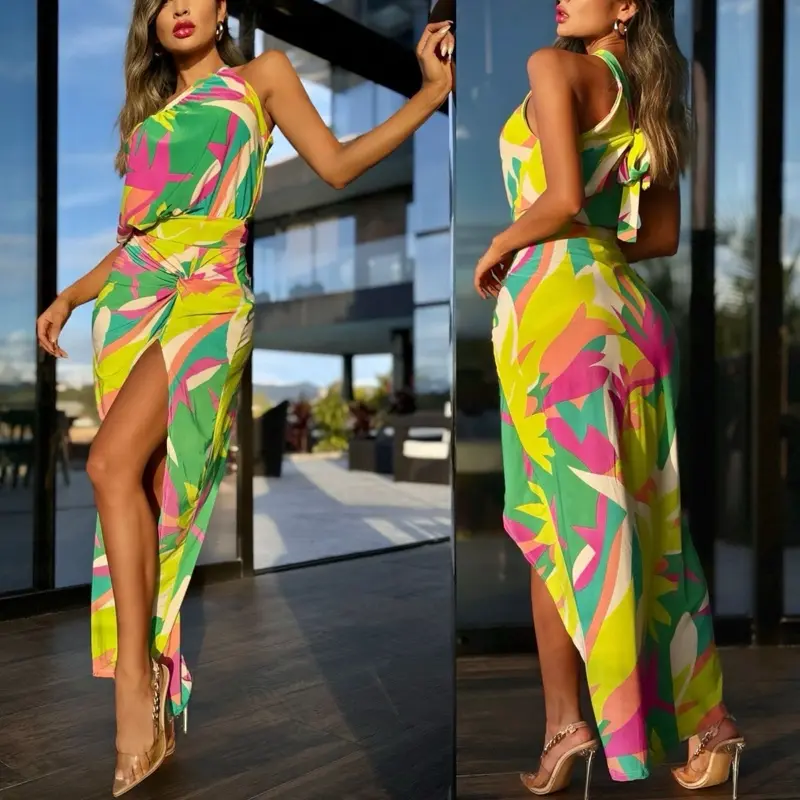 Colombian Dress with Short Included - Colorful One-Shoulder Design Dress Casual Fabric