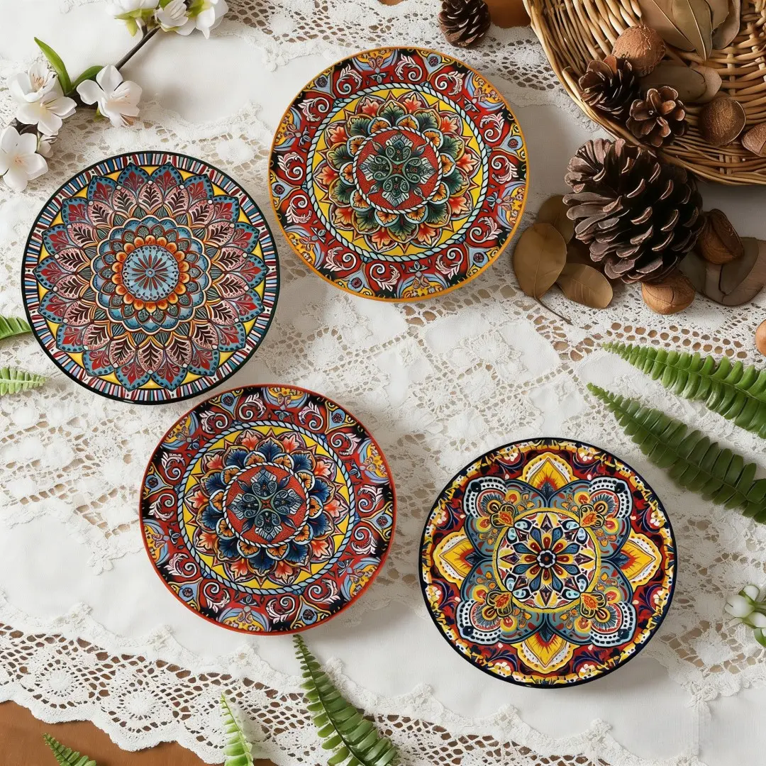 Bohemian Style Ceramic Dinnerware Set, Microwave & Dishwasher Safe, Scratch-Resistant, Perfect for Salads, Pasta, Desserts, Steaks, Salad Plates Set, Tableware Set