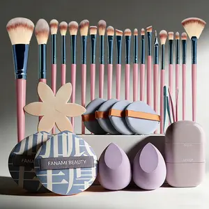 32 Piece Beauty Tool Set - 20 Piece Makeup Brush Kit with Toiletry Bag, Powder Puffs, Travel Makeup Set for Women gingham brush # woman full kit girl