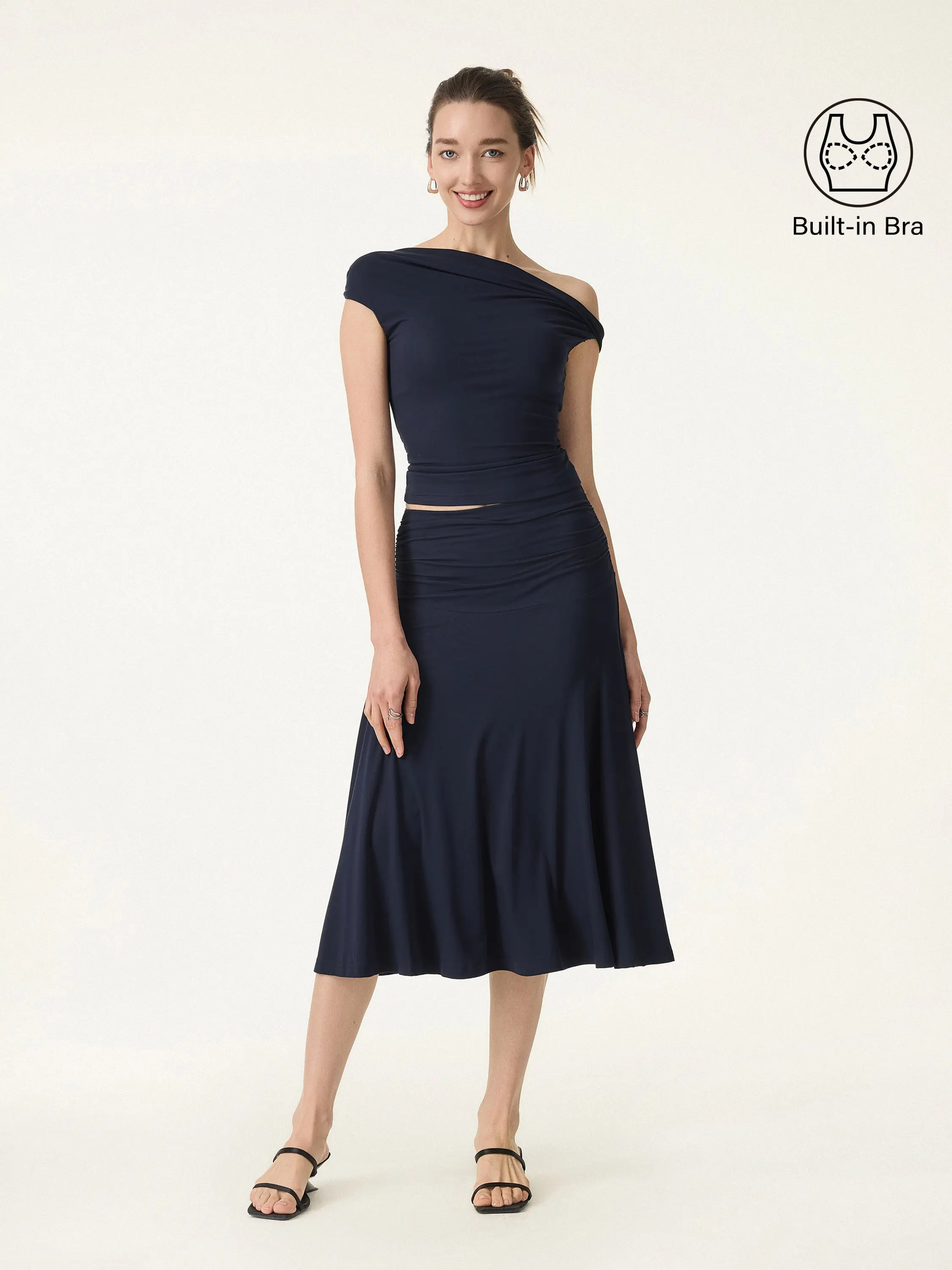 OGL Women's 2-Piece Matching Skirt Set - Multi-Wear Versatile Neckline Brami Top with Built-In Bra, Flowy Side Ruched A-Line Midi Skirt, SkinKiss Fabric for Summer, Cute 2-Piece Sets for Women's Clothes trendy fashion style - Flash sale 2026!!