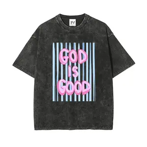 Unisex God is Good Print Washed T-Shirt Plus Size Shirt CottonVintage Washed God Is Good Pink Bubble Letter Blue Stripe Graphic T-Shirt Christian Faith Cute Oversized Unisex Tee