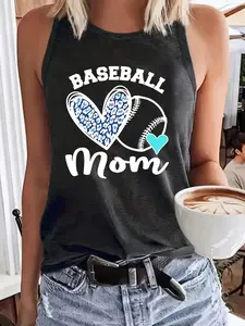 Women's Sleeveless Tank Top with "Baseball Mom" Leopard Heart & Baseball Print, Casual Summer Game Day Graphic Tank for Baseball Moms.