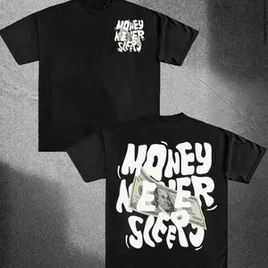 Money Never Sleeps T-Shirt - Black Short Sleeve Crew Neck with Bold Graphic Design for Men