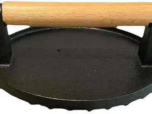Bacon Press Cast Iron Grill Press for Griddle Heavy Duty Smash Burger Press for Perfectly Cooked Meat, Sandwich, Panini, Steak, BBQ -Food Grade- Round Wood Handle