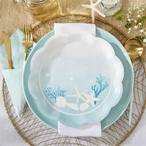 212 MAIN Premium Disposable 9" Tan Scalloped-Edge Nautical Seashell Theme Paper Plates (9x9x0.6 in), Set of 16, Ideal for Beach Parties, Weddings, Wedding