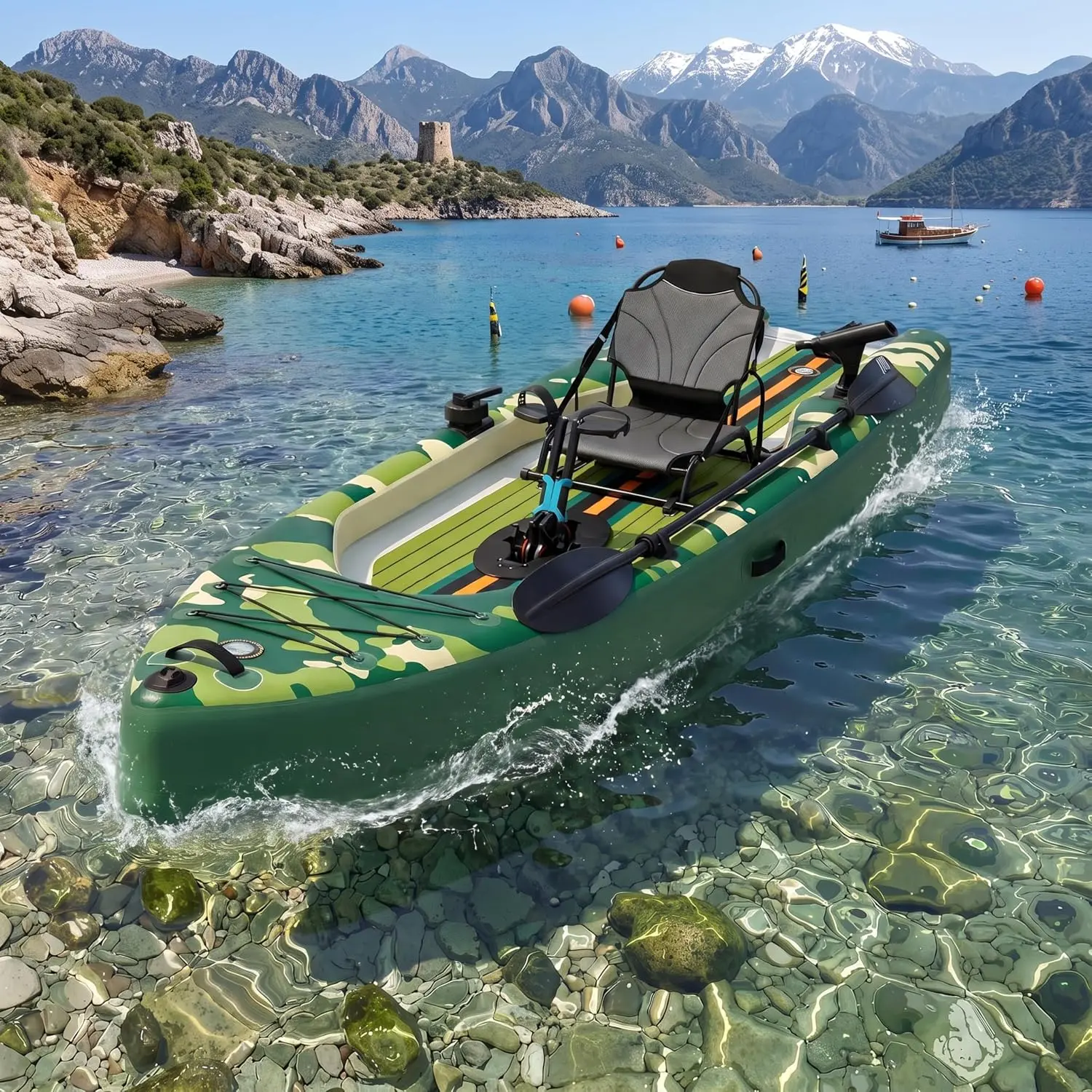 Inflatable Kayak with Pedal System, 12ft Premium PVC Fishing Kayak with Aluminum Seat, Rudder System, Motor Mounting Board, and Accessories Included, Green & Camouflage (HIN Included)
