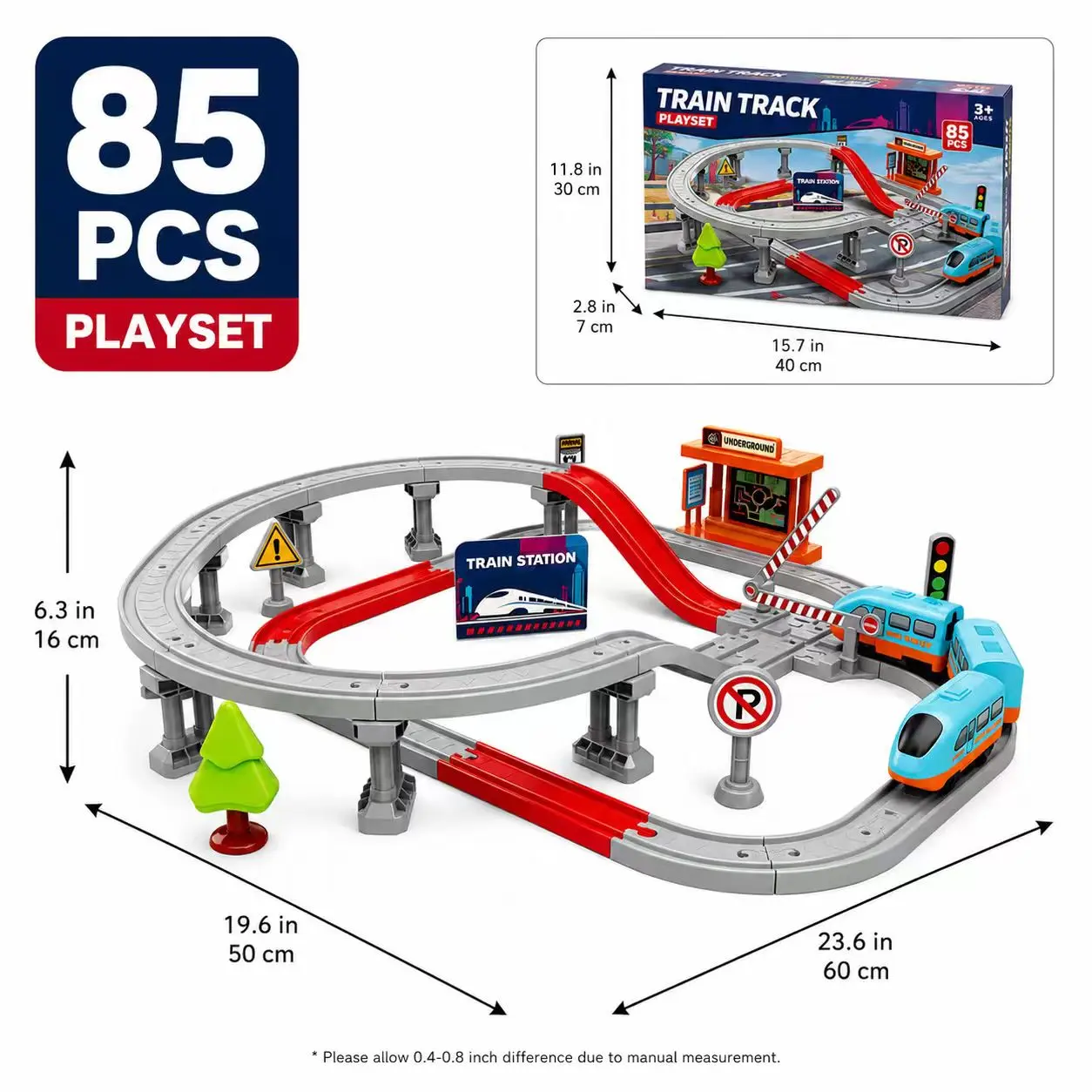 【Boninii】85 PCS Electric Train Set for Kids, Magnetic Train Track Set with Elevated Railway, Motorized Train, Cars, Station & Accessories, STEM Building Toy, DIY Railway Playset Gift for Boys Girls Ages 3-8