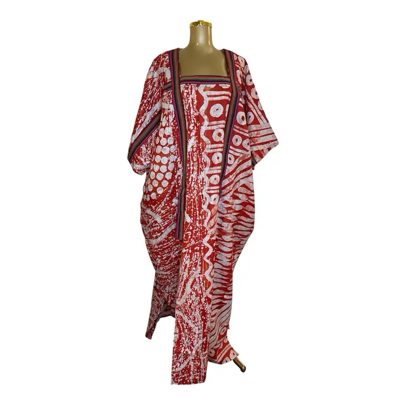 Lady's Minimalist Cotton Adire & ASOKE Bubu Bow-Neck Casual Dress with Scarf - Women's Clothes, 60in Floor Length, Free Size, Side Pockets, Loose Fit, Head Wrap