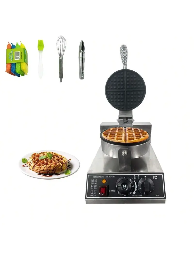 Commercial Waffle Maker,1200 W Round Nonstick Waffle Iron, Rotatable Waffle Baker Machine With 122-572℉ Temp Range And Time Control, Stainless Steel Waffle Maker Eflon-Coated Baking Pan