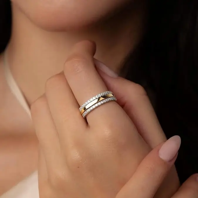 Women's Stackable 2-Tone CZ Eternity Band Set, Non-Tarnish Layered Fashion Rings, Elegant Wedding Anniversary Gift Jewelry
