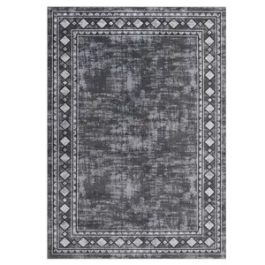 4 x 6 ft Polyester Grey Rectangular Living Room Bedroom Dining Room Geometric Bordered Modern Machine Washable Area Rug-A