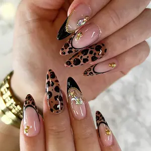 Luxury Leopard Print Removable Press-On Nails, & Nude Almond Shape with Rhinestones, Perfect for Women Parties & Daily Wear