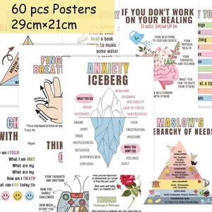 60pcs Mental Health Educational Posters - Anxiety Iceberg & Emotional Regulation Prints, Therapy Office Decor, Coping Skills & Self-Care Wall Art for Classroom, Counselor Supplies & Stress Relief Tools