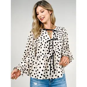 Polka Dot Tiered Peplum Bow Tied Top With Shirring