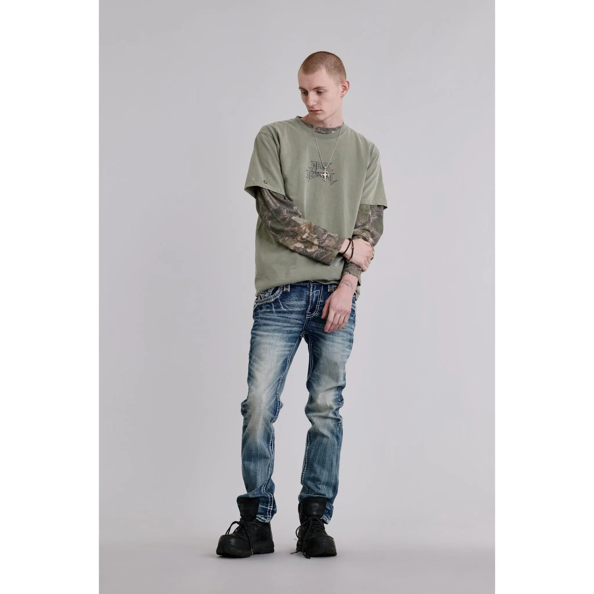 Rock Revival Men's Louis Straight Jeans Long High-Stretch Decorated Embellished Patch Denim Jeans - Straight Fit, Casual Style, Medium Blue, Embroidery, Stretch Leather Accents, Functional Pockets, Long Men's Jeans, High-Stretch Men's Jeans