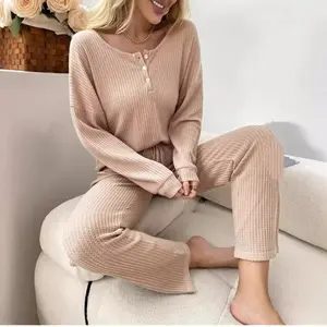 2025 Homewear Women's Waffle Knitted Top Drawstring Trousers Pajamas Two-Piece Set Women's Pajamas