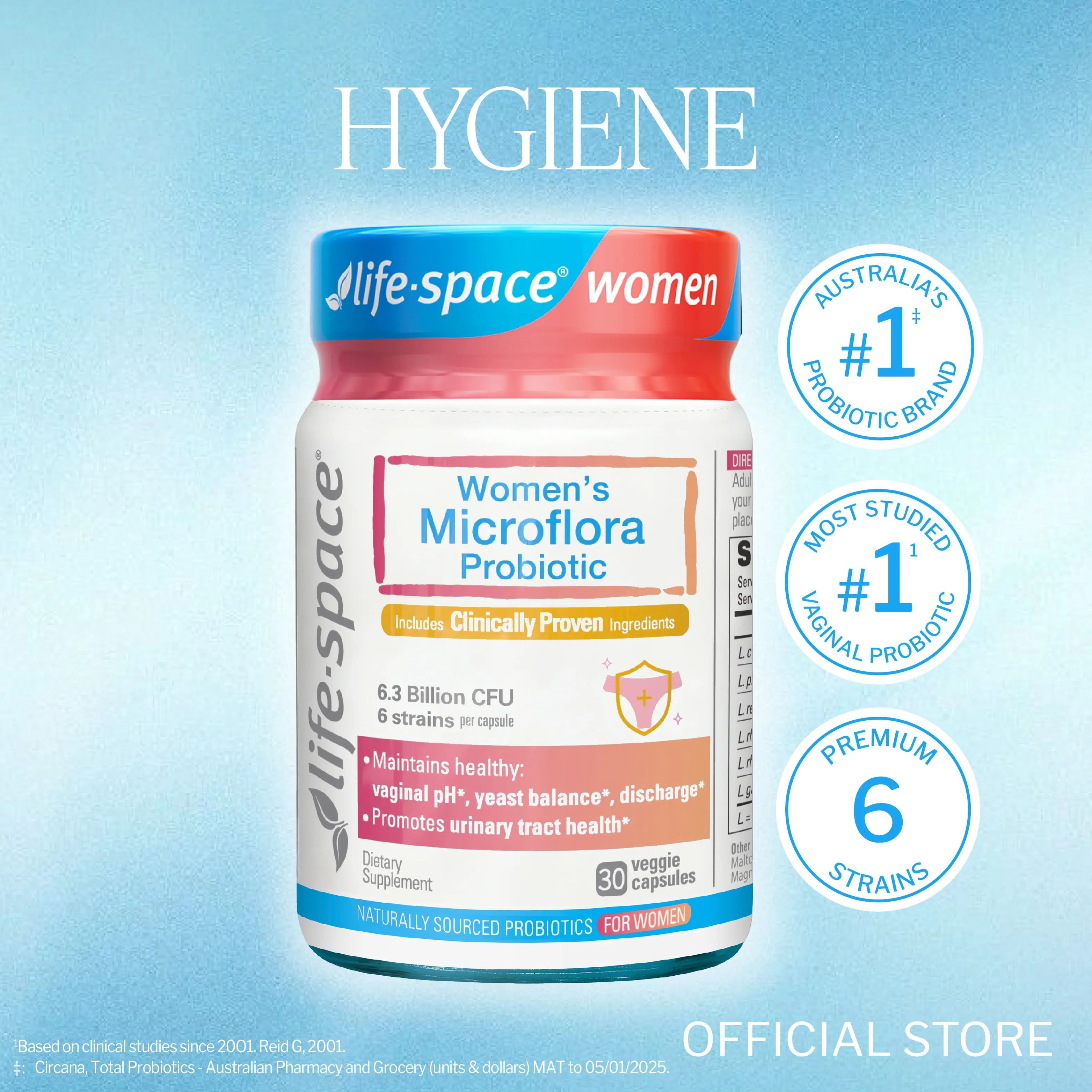 【NEW】Life Space Women's Microflora Probiotic 6.3 Billion CFU 6 Strains for Healthy Microflora pH & Urinary Tract Health Feminine Hygiene Vegetarian Capsules