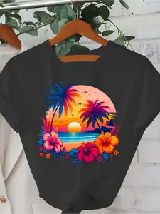 Unisex Hawaiian Tropical Print T-Shirt - Slim Fit Short Sleeve Round Neck |   Vibrant Hibiscus, Palm Tree & Surf Sunset Design |   100% |   Breathable Summer Beachwear for Gym and Vacation