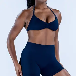 DFYNE Women's High Stretch Matte Nylon Halter Backless Sports Bra Padded Yoga Workout Crop Top