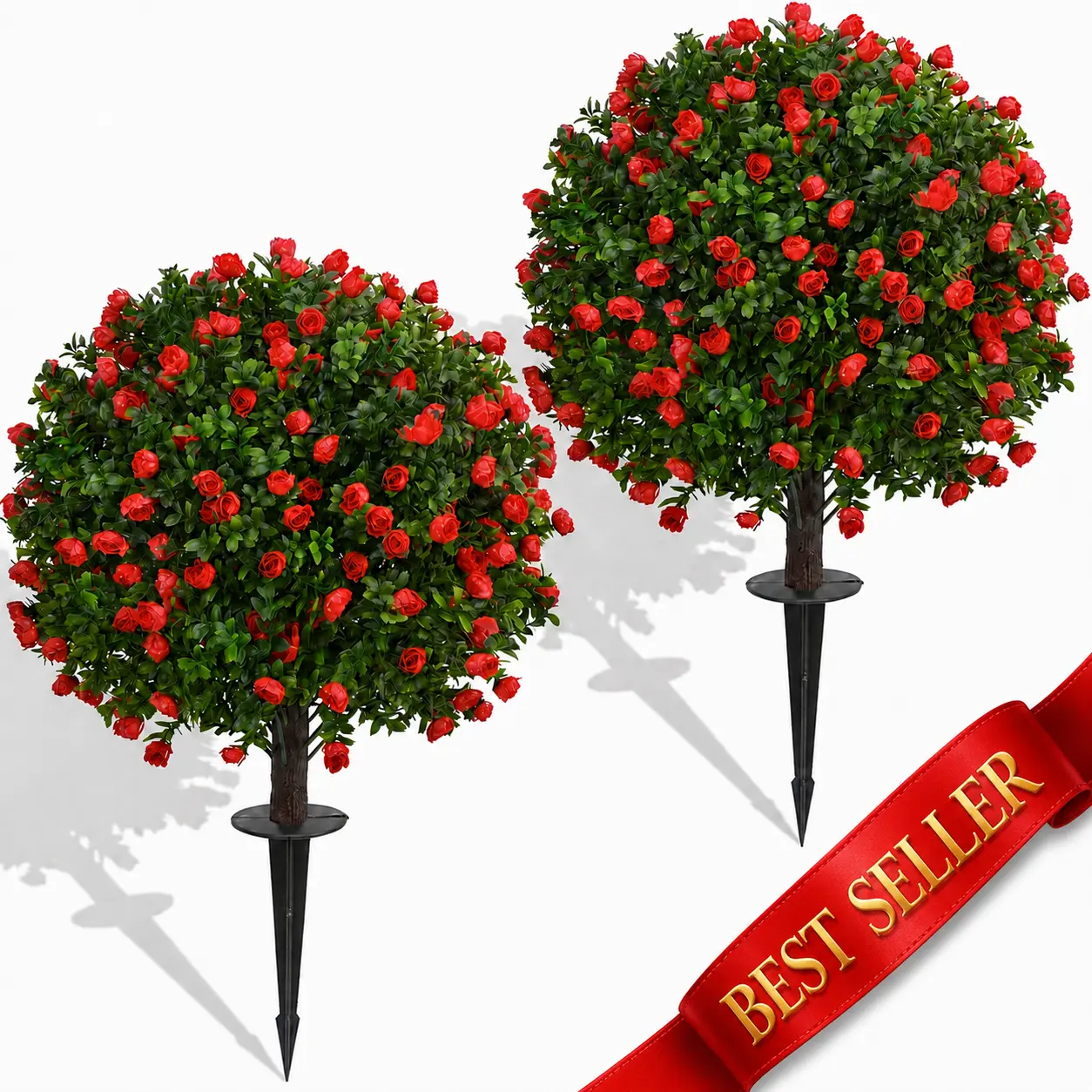 Dense Red Rose 2-Pack Artificial Topiary Ball Trees,  24 in UV Resistant Faux Shrubs with Ground Spikes for Garden Patio Porch Decor
