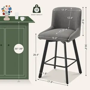 Swivel Counter Height Bar Stools Set of 3, 26''H Upholstered Barstools with Backs, Modern Bar Stool Chairs for Kitchen Island, Metal Legs, Fabric, Gray Stools Counter Chair