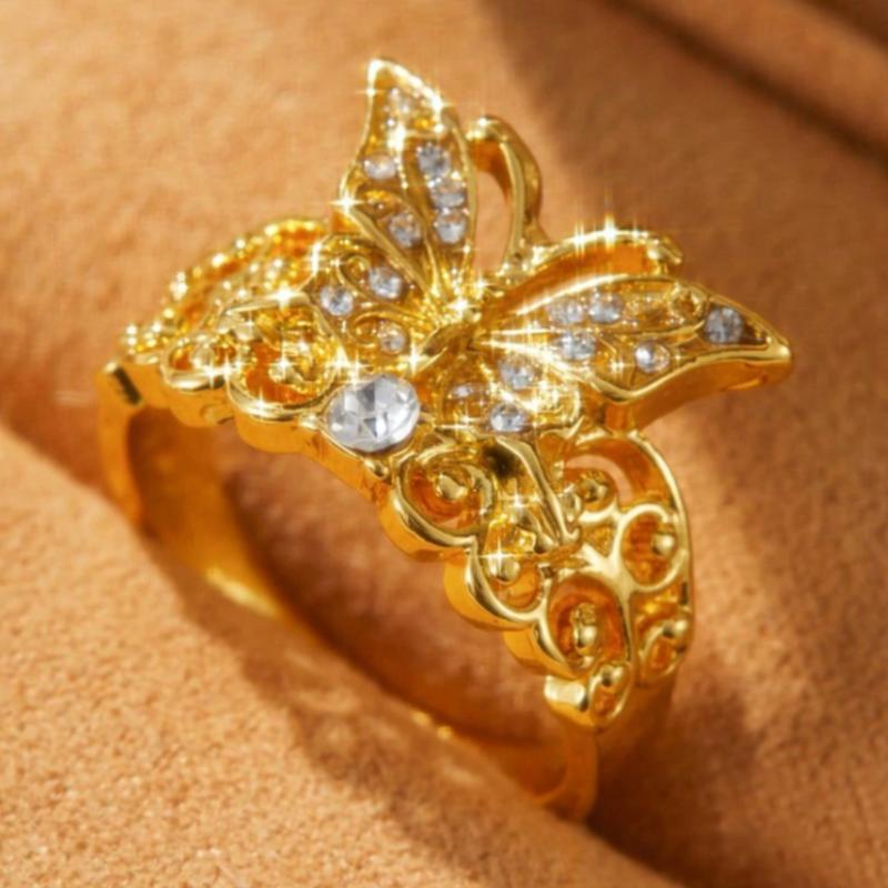An elegant, classic 14k gold-plated ring with a butterfly design, adorned with sparkling Zirconia stones, suitable for weddings, engagements, everyday wear, gifts, and parties.