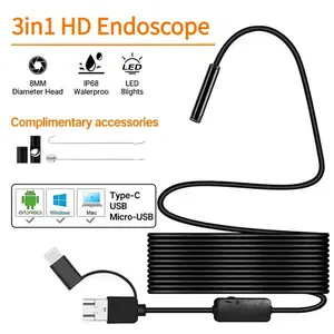 Android Endoscope Camera 3-in-1, 480P HD Borescope with 6 LED Lights, 3.3ft Semi-Rigid IP67 Waterproof Inspection Camera for Car Engine, Plumbing & DIY Repair (Not for iPhone)